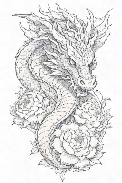 A dragon without wings, with a kind face and scales swirled around his forearm. There are peonies around the dragon, the tattoo design idea
