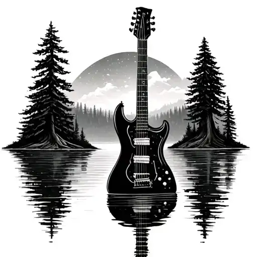 guitar shaped trees over lake tattoo design idea