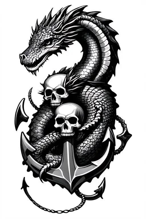 Sea Serpent wrapped around anchor with skulls tattoo design idea