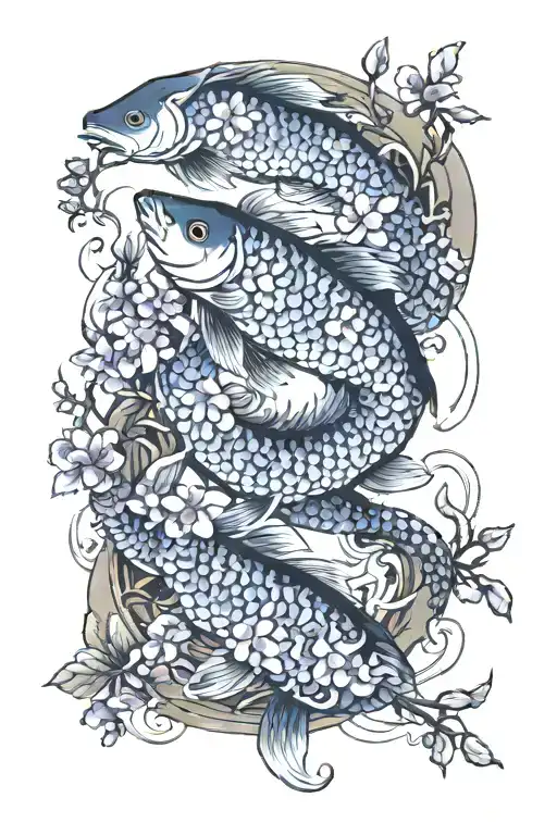 coi fish with wisteria flowers going tattoo design idea