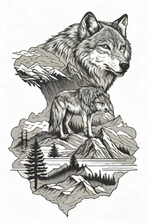 wolf type 1 diabetes mountain landscape tattoo design idea