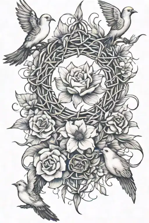 crown of thorns with three doves with one carnation flower one daffodil flower one marigold flower one narcissus flower tattoo design idea