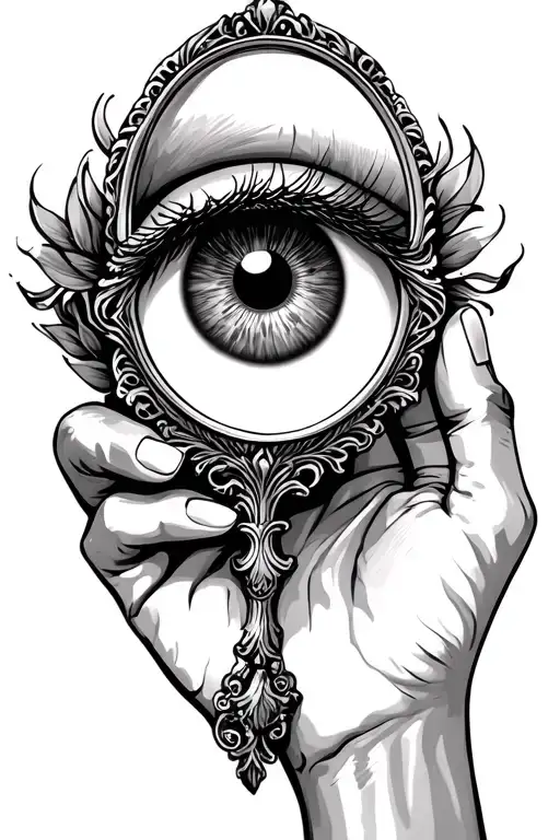 hand held traditional mirror with an eye inside tattoo design idea