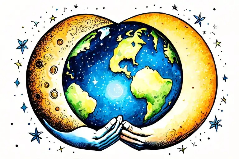 earth and moon holding hands tattoo design idea