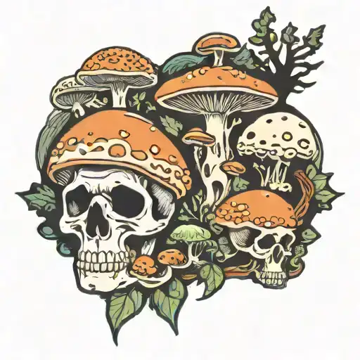mushrooms and skulls, abstract, forest scene tattoo design idea