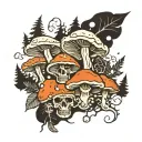 mushrooms and skulls, abstract, forest scene tattoo design idea