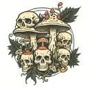 mushrooms and skulls, abstract, forest scene tattoo design idea