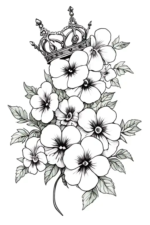 crown and pansies surrounding tattoo design idea