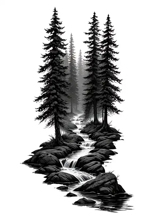woods with stream meandering through a dense tattoo design idea