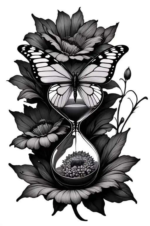 Stokrotka violets, an hourglass, butterfly on a flower tattoo design idea
