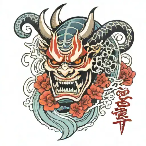 split oni mask sleeve with flowers and water tattoo design idea