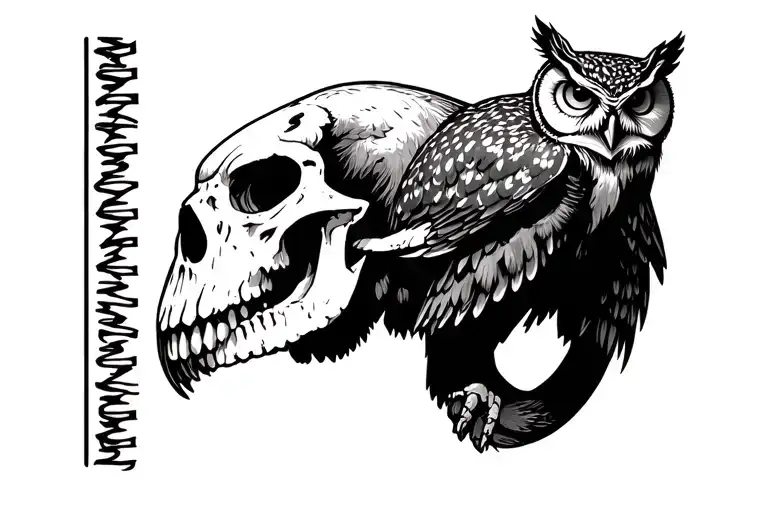 owl standing on mammoth skull head tattoo design idea