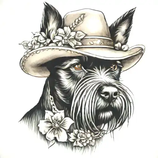 all black schnauzer with cowgirl hat and brown eyes and a collar and flowers looking to the side tattoo design idea