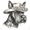 all black schnauzer with cowgirl hat and brown eyes and a collar and flowers looking to the side tattoo design idea