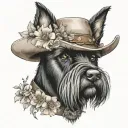 all black schnauzer with cowgirl hat and brown eyes and a collar and flowers looking to the side tattoo design idea