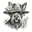 all black schnauzer with cowgirl hat and brown eyes and a collar and flowers looking to the side tattoo design idea