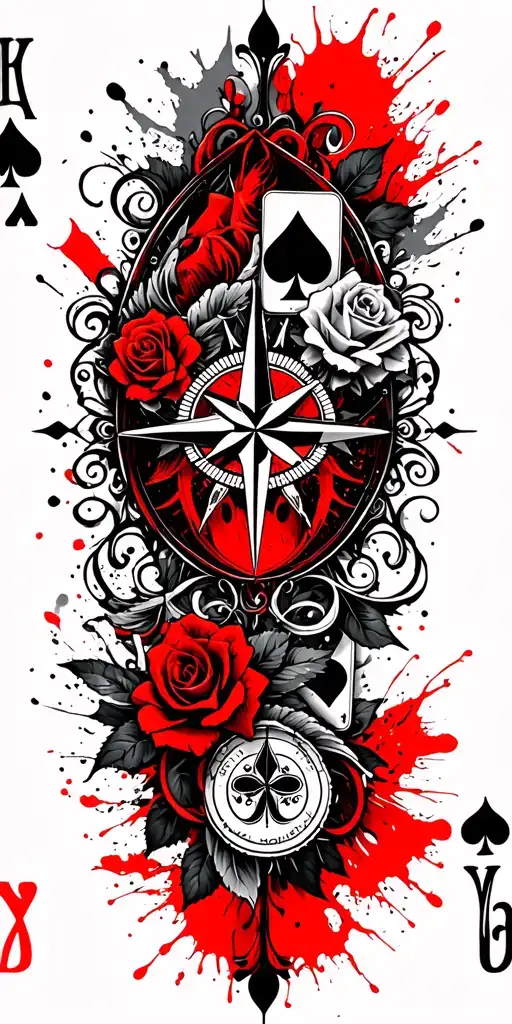 filigree design with playing cards, compass and roses tattoo design idea