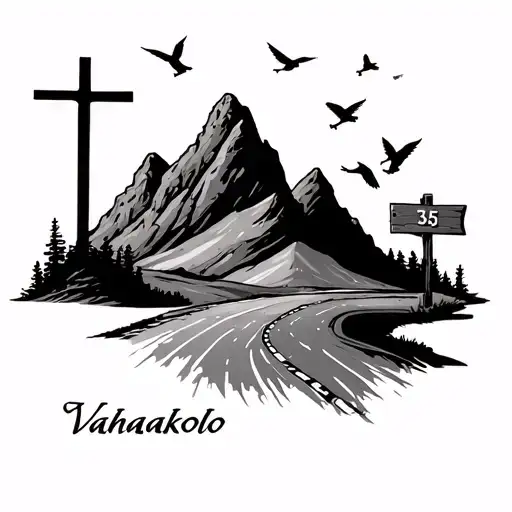 proverbs 3:5 with faded cross on a mountain, 5 birds faded sky, other side road with sign that say Vahaakolo  tattoo design idea
