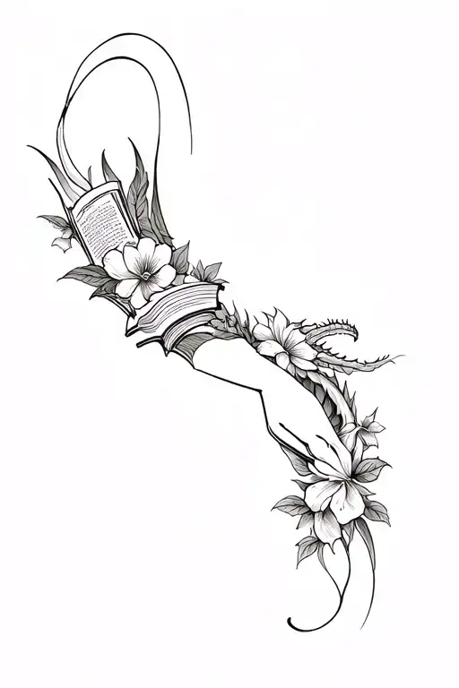 floral arm wrap design with books, dragons, harry potter, whismical  tattoo design idea