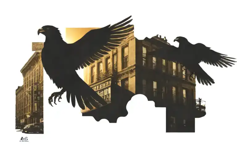 in full color, a street scene of Harlem''s Apollo Theatre in the golden hour with a hawk flying in front of the sun tattoo design idea