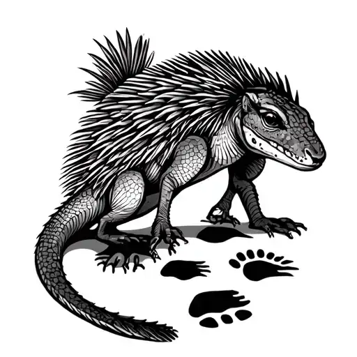 Indigenous Tattoo design with a Goanna and kangaroo foot prints, echidna foot prints, emu footprints, human footprints,  tattoo design idea