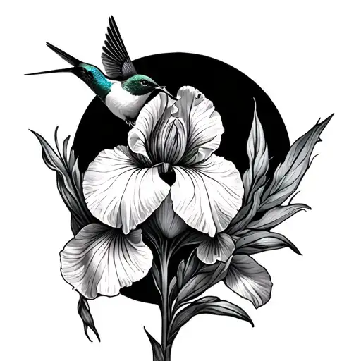 A serene scene of a therapist's office with a hummingbird perched on an iris flower, symbolizing peace and healing tattoo design idea