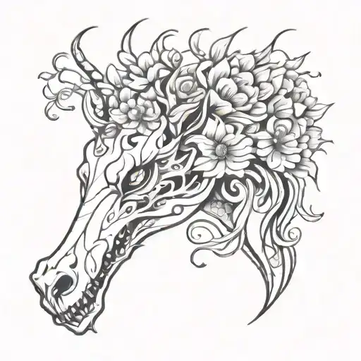dragon head half skeletal with flowers tattoo design idea