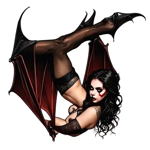 Vertical American traditional tattoo design of a seductive athletic female vampire hanging upside down by her feet, bat  tattoo design idea