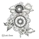 A memory-themed tattoo with Isobel and Maisie's names intertwined with clouds and sun rays tattoo design idea
