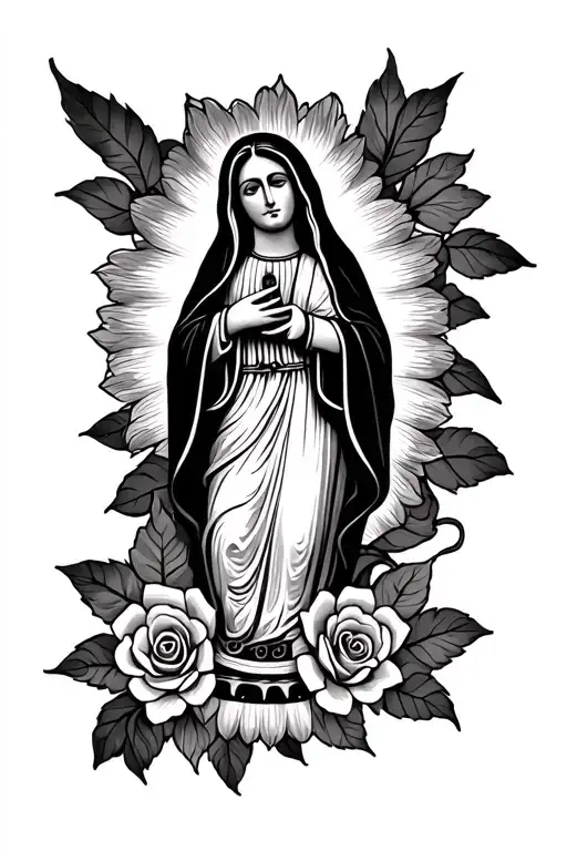 sunflower Virgin of Guadalupe Mexican with roses tattoo design idea