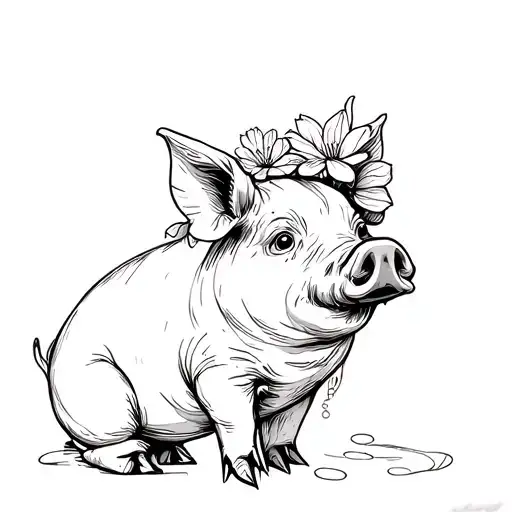 Pig and flowers tattoo design idea