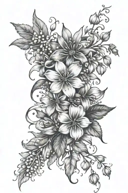 A black and white pencil sketch straight floral border with violets, daisies, lily of the valley, marigolds, and holly tattoo design idea