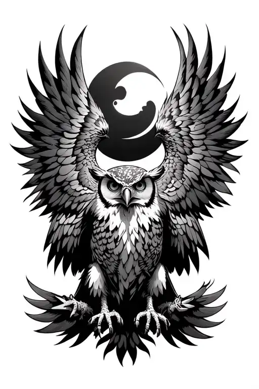 Ox protector, wedge tail eagle, owl, phoenix rising, Moon, Wood, Ember, Talons. tattoo design idea