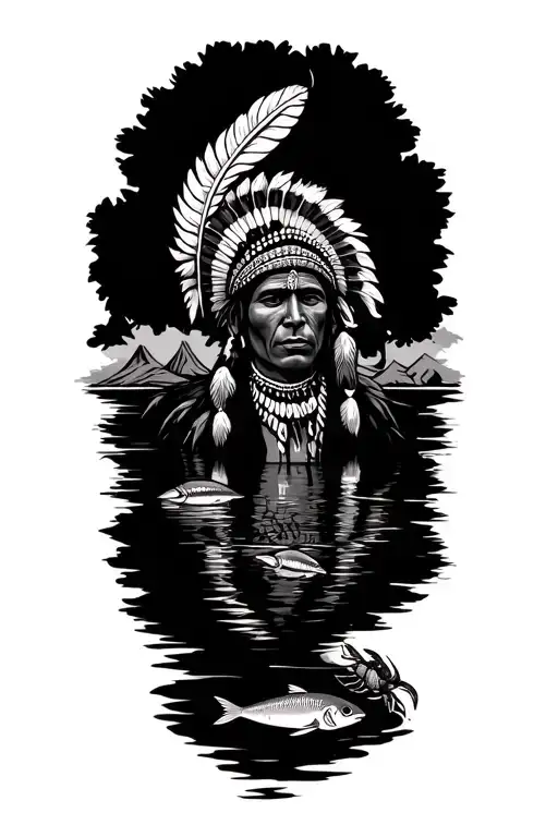 Indian with feather headdress at a lake with fish and lobsters with Surinamese landscape and a flag of Suriname tattoo design idea