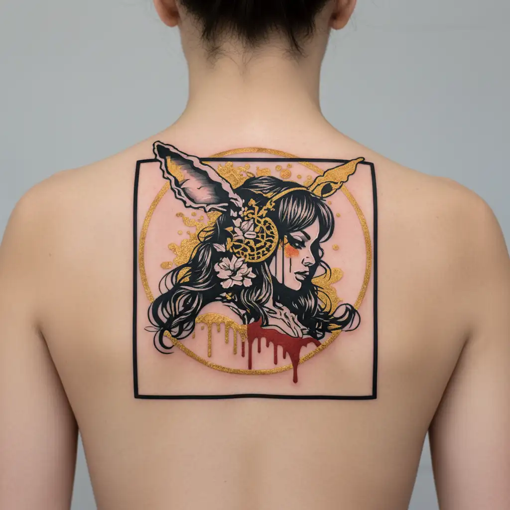 Psychedelic PlayBoy Bunny Girl Black and gold silhouette blood and melting. thorn circle blood dripping off horns tattoo design idea