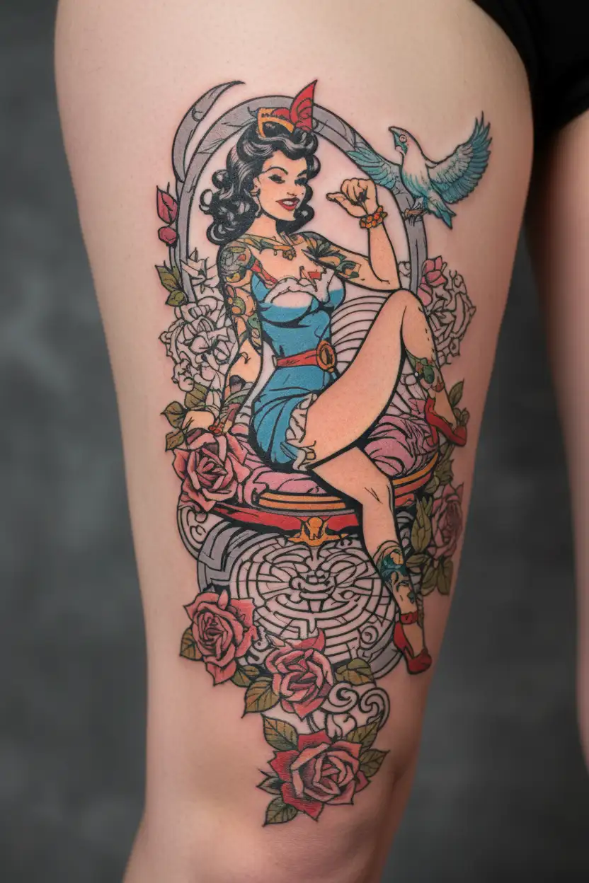 colorful full body female retro, some skin, cartoonish, pin-up girl style of sexy, cute, sweet, innocent, Mormon milf  tattoo design idea