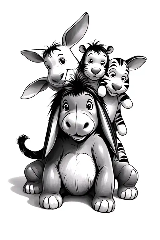generate a tattoo of baby eeyore, piglet, tigger and winnie the pooh all on top of eeyore, black and white tattoo design idea