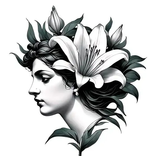 Hera Goddess with lily flower blooming tattoo design idea
