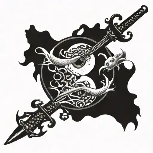 yinyang symbol split with samurai sword, floating japanese fishes tattoo design idea