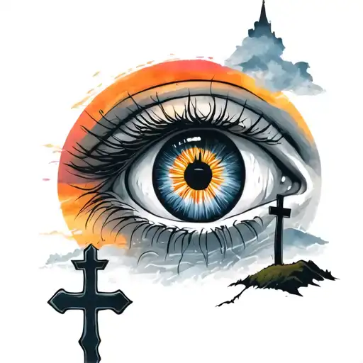 Crying eye, 3 crosses on a hill, sunrise in background tattoo design idea