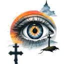 Crying eye, 3 crosses on a hill, sunrise in background tattoo design idea