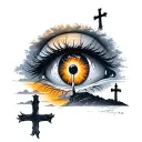 Crying eye, 3 crosses on a hill, sunrise in background tattoo design idea
