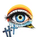 Crying eye, 3 crosses on a hill, sunrise in background tattoo design idea