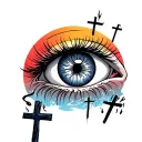 Crying eye, 3 crosses on a hill, sunrise in background tattoo design idea