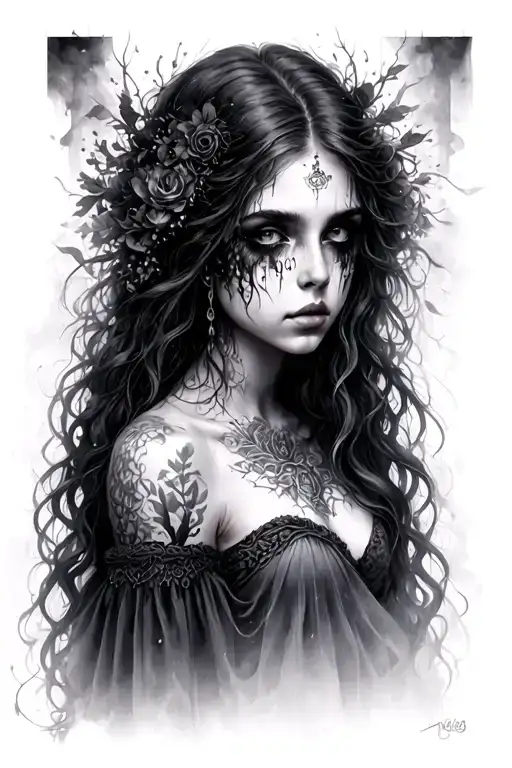 A solemn, mysterious feminine figure, encompassing fog of forgotten places and memories. She embodies sorrow, stillness, tattoo design idea