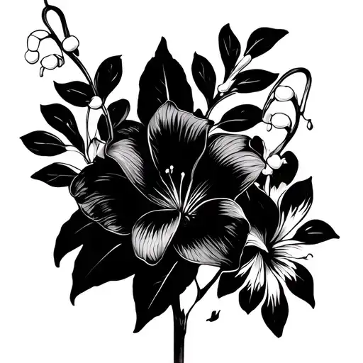 A fine-line with lilies of the valley and violets design from the upper to mid-back tattoo design idea