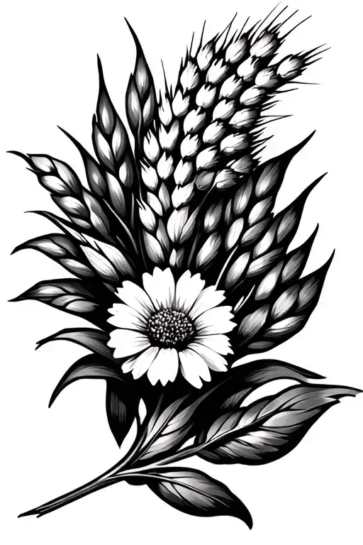 flower bouquet wheat stalk intertwined tattoo design idea