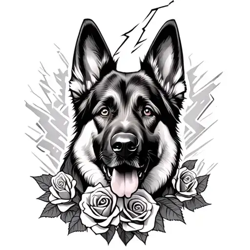 German shepherd face and roses and thunder and lightning  tattoo design idea