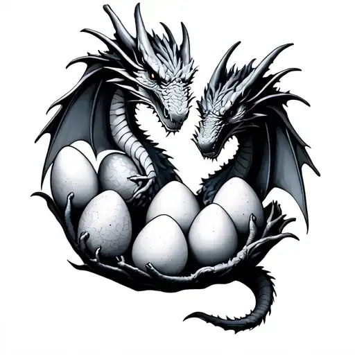 2 parent dragons holding 4 eggs tattoo design idea