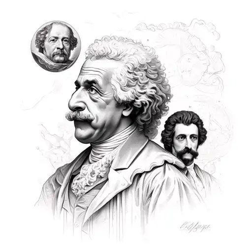 Einstein, pythagorea, Galileo,nikola tesla, darwin, copernicus, Newton, archimedes, faraday composition drawing tattoo design idea
